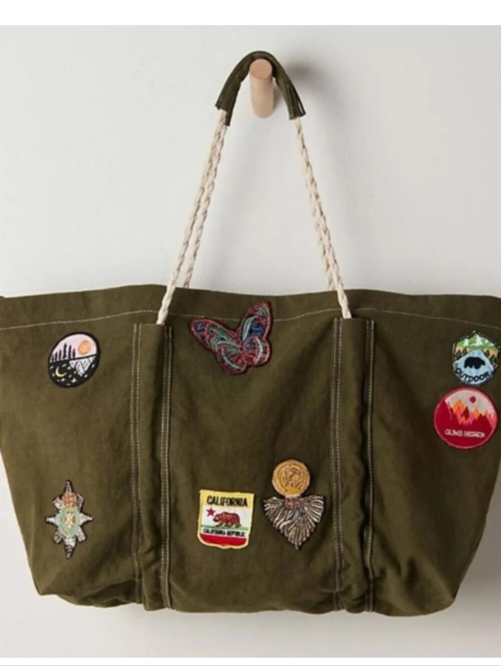 Free People Women Canvas Olive Patches Bag Tote Bag Nwot